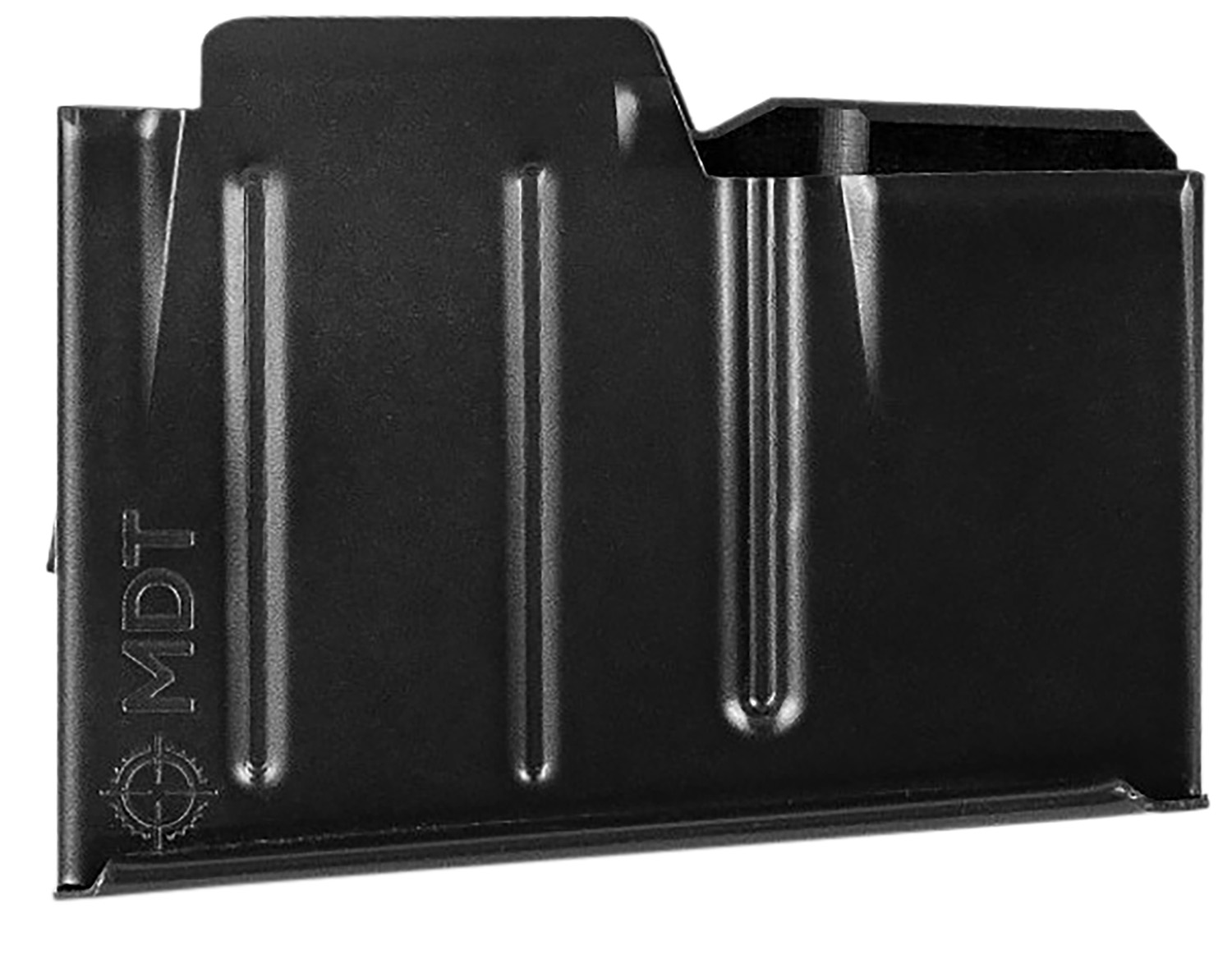 Black metal rifle magazine with MDT logo