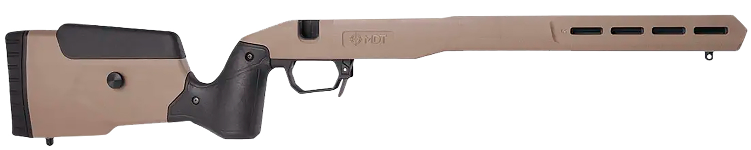 Tan and black precision rifle chassis