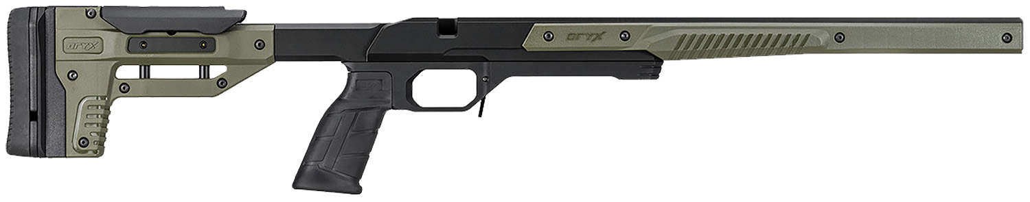 Olive green and black precision rifle chassis