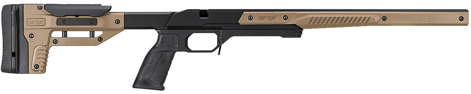 Modern bolt-action rifle with tan chassis stock