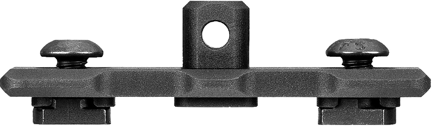 Black metal mounting bracket with bolts and center hole