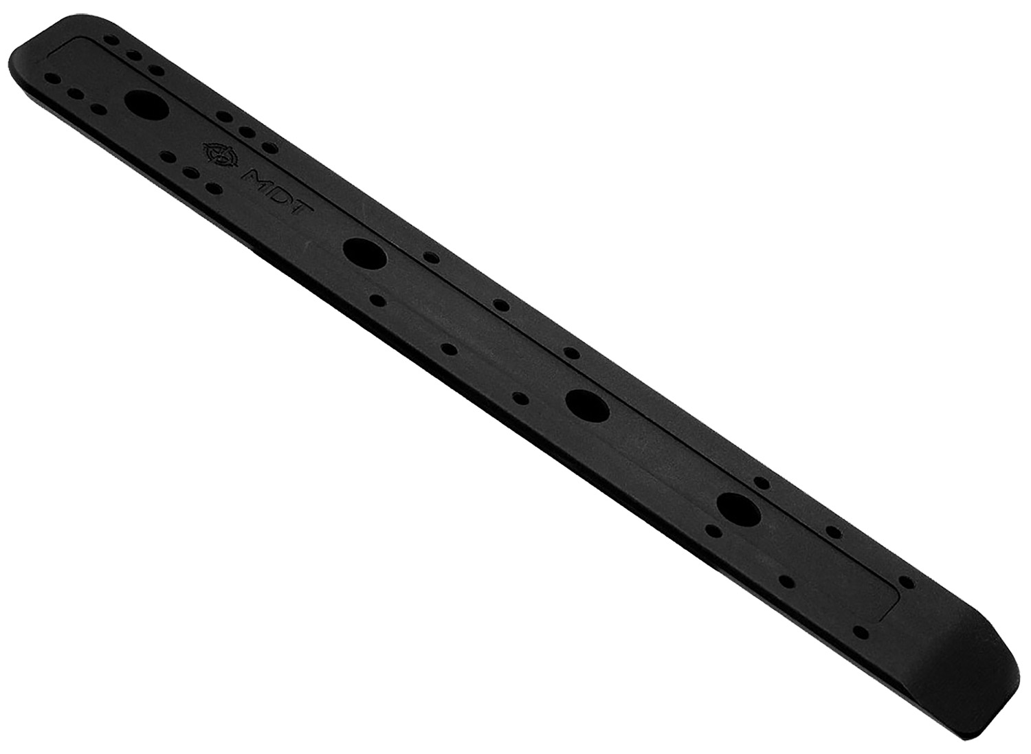 Black metal mounting rail with multiple holes