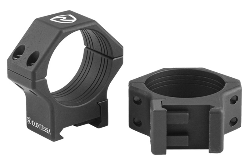 Black rifle scope rings on white background