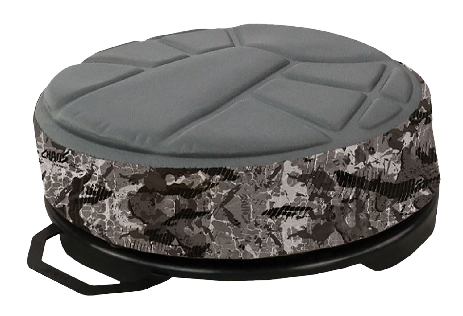 Round camouflage hunting seat cushion on swivel base