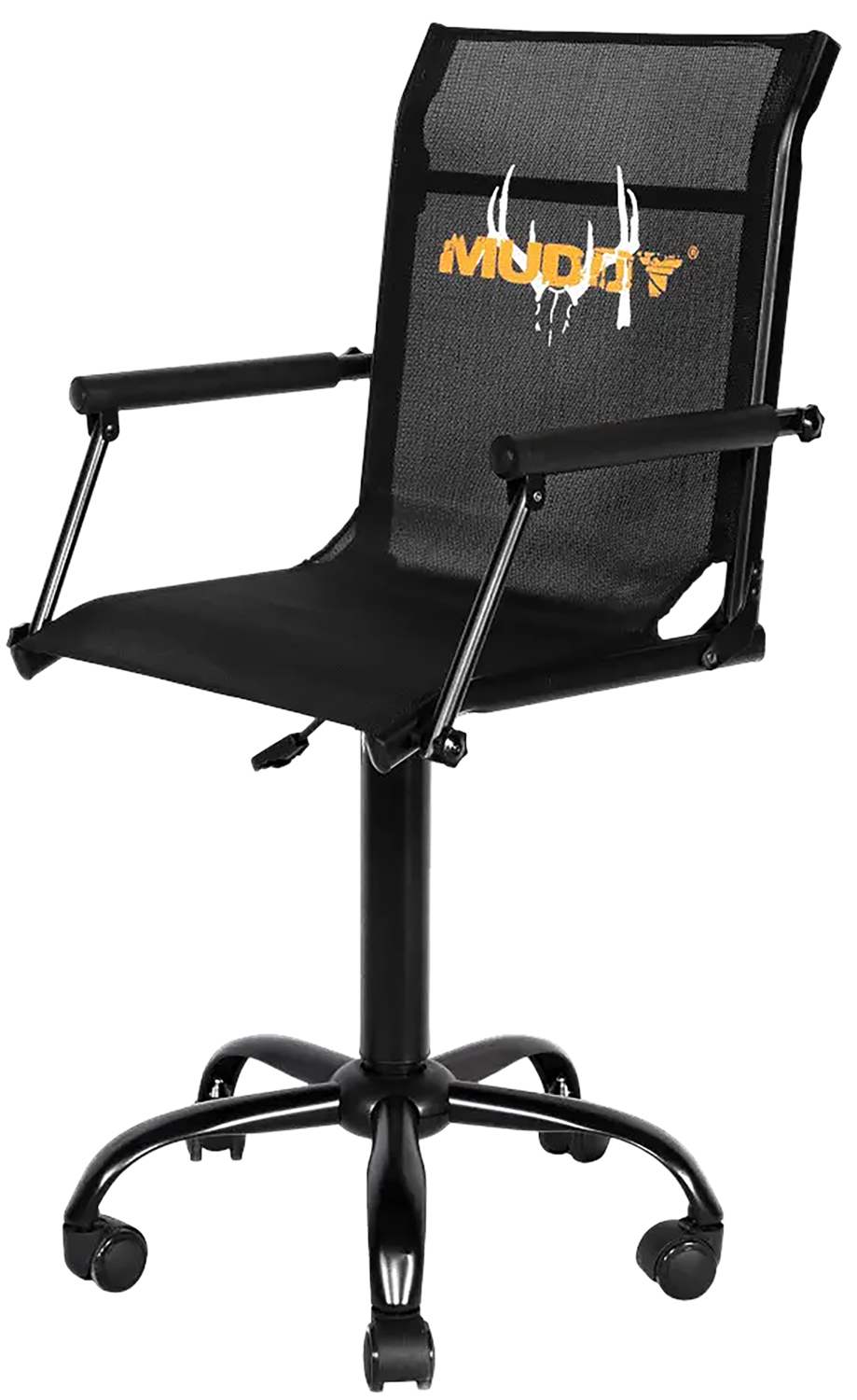 Black mesh swivel chair with armrests and wheels