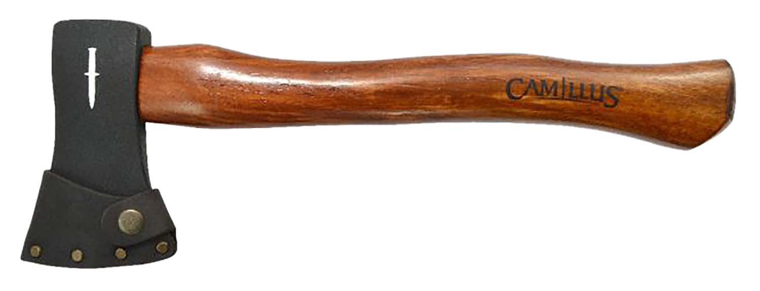 Camillus hatchet with wooden handle and leather sheath
