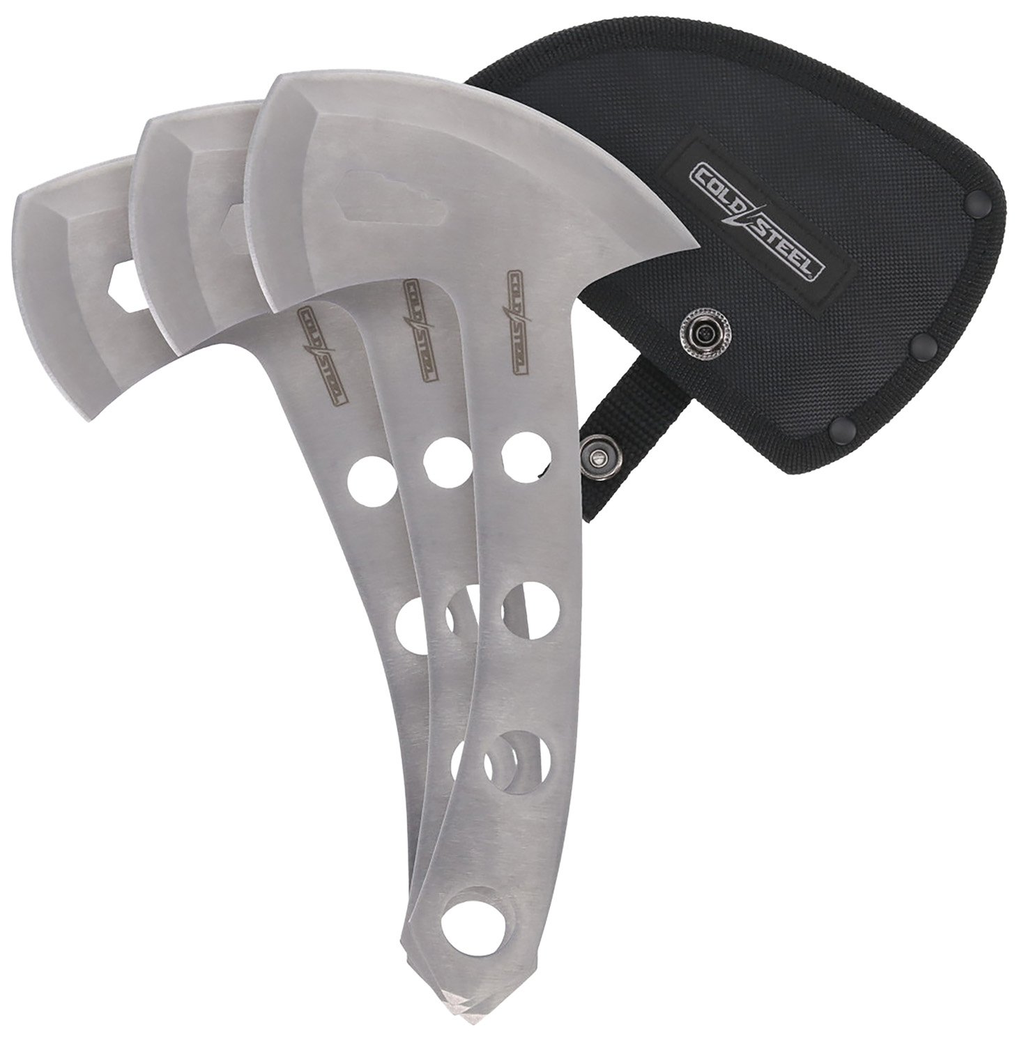 Three steel throwing axes with black sheath