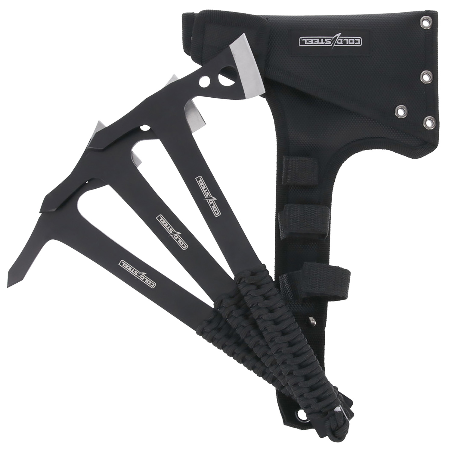 Four black throwing axes with nylon sheath