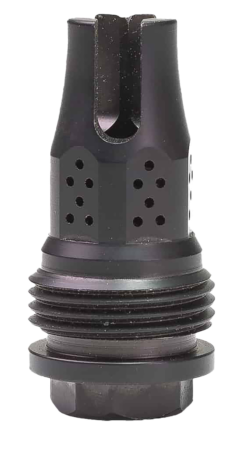 Black threaded metal muzzle brake with side ports