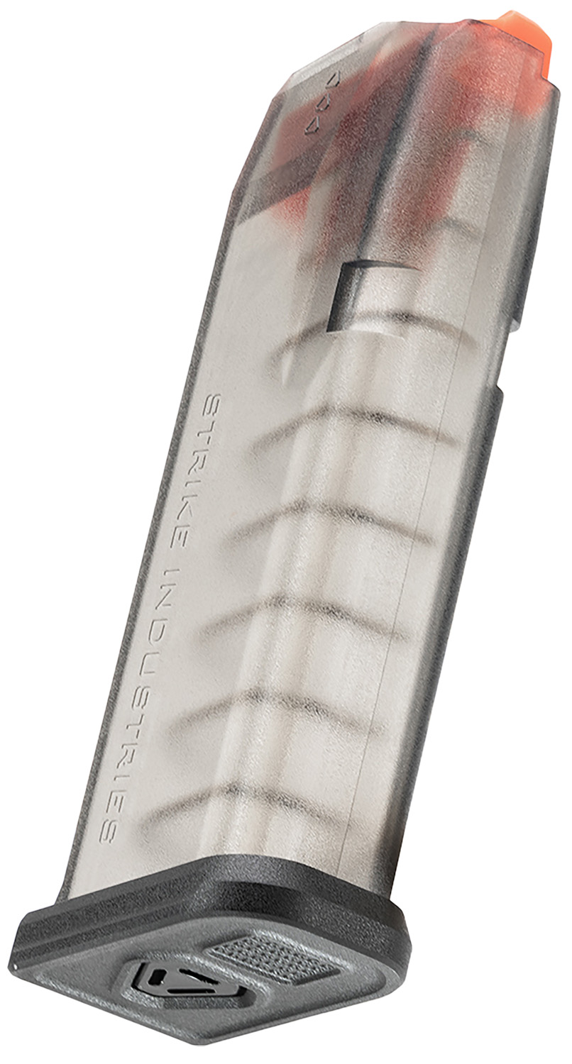 Transparent 9mm pistol magazine with visible rounds
