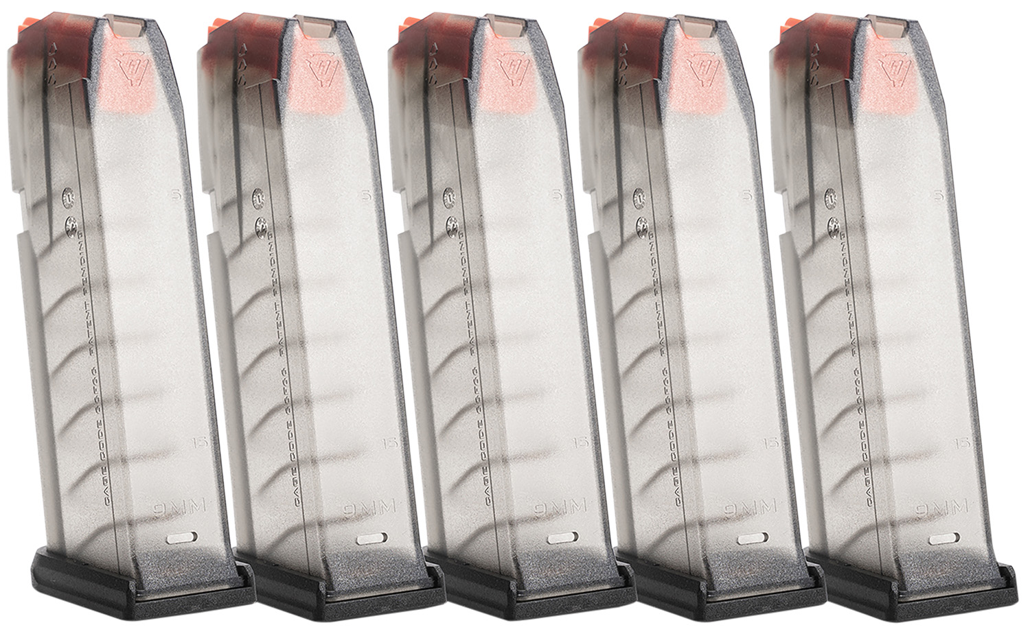 Five translucent handgun magazines with black baseplates