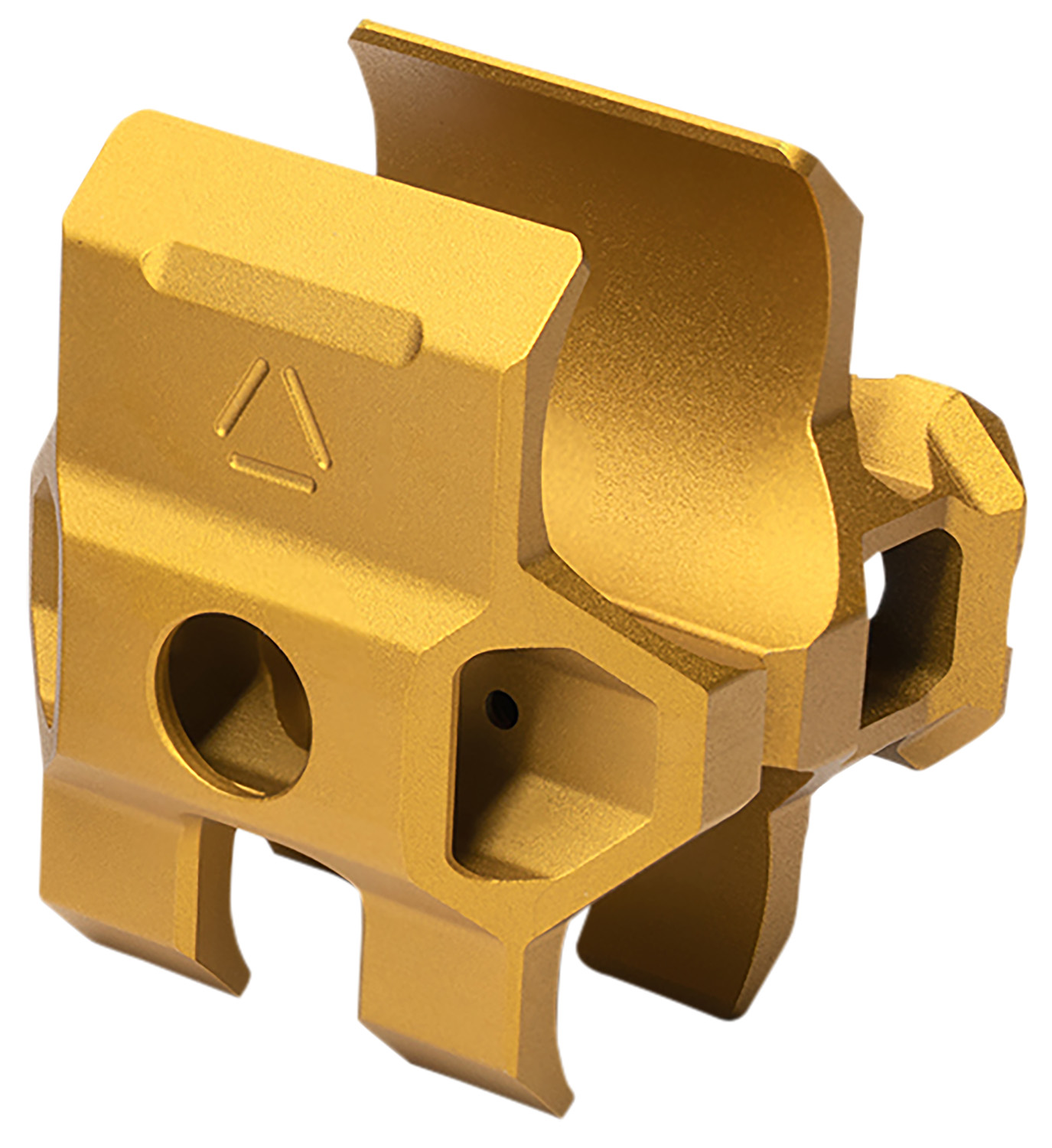 Gold machined metal clamp component on white background