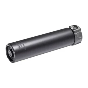 Black cylindrical firearm suppressor on white background
