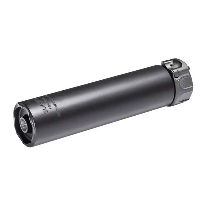 Black cylindrical firearm suppressor on white background