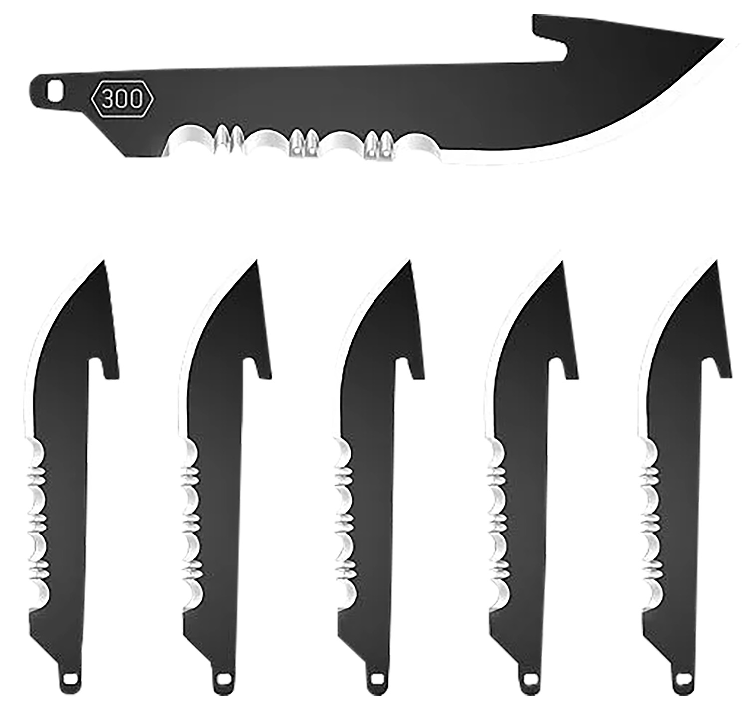 Black serrated utility blade set with hook tip