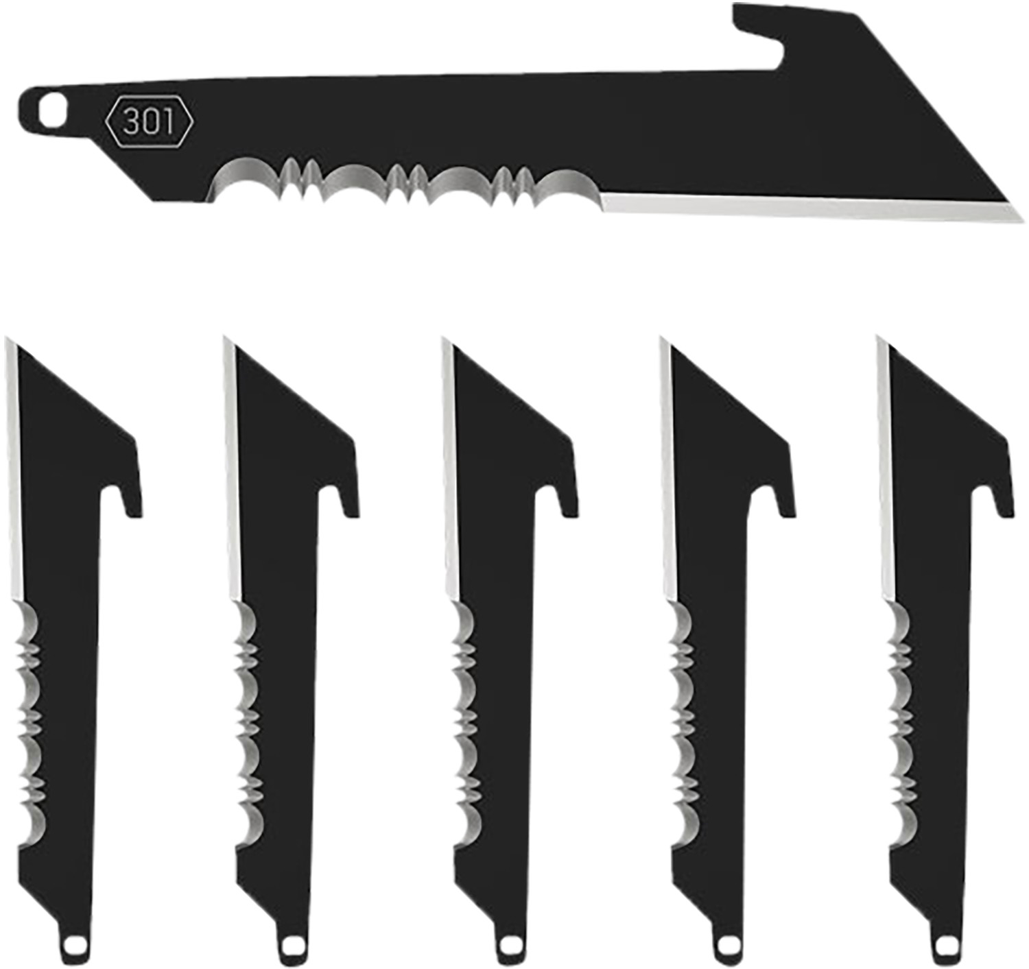 Set of black serrated multi-tool replacement blades