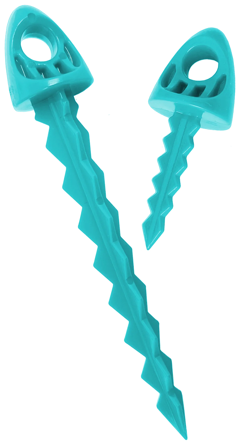 Teal plastic spiral ground anchors with loop tops