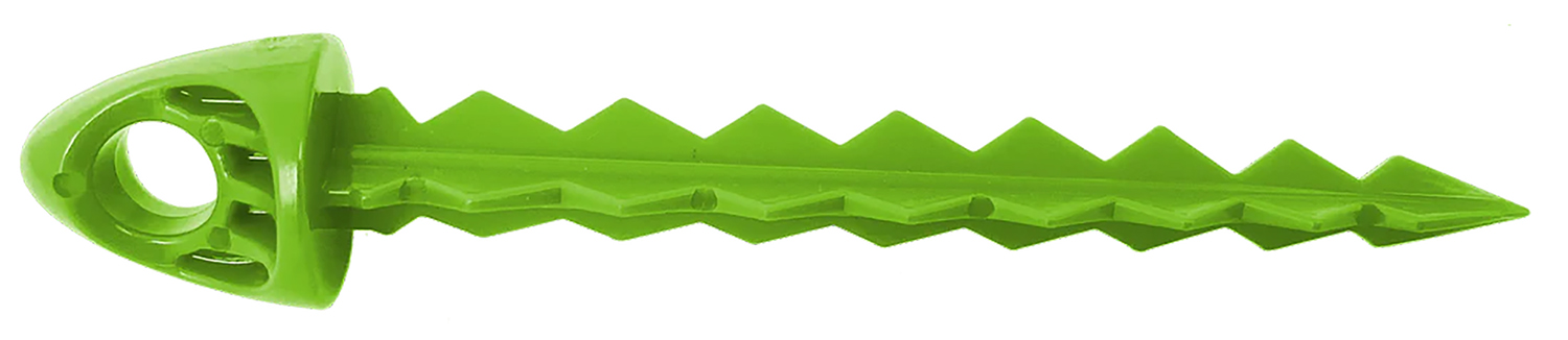 Green plastic tent stake with serrated edges