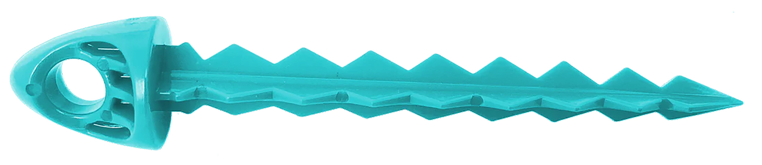 Teal plastic tent stake with ridged shaft