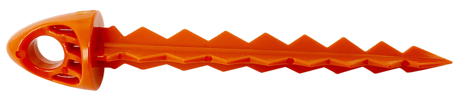 Orange plastic tent stake with ridged shaft