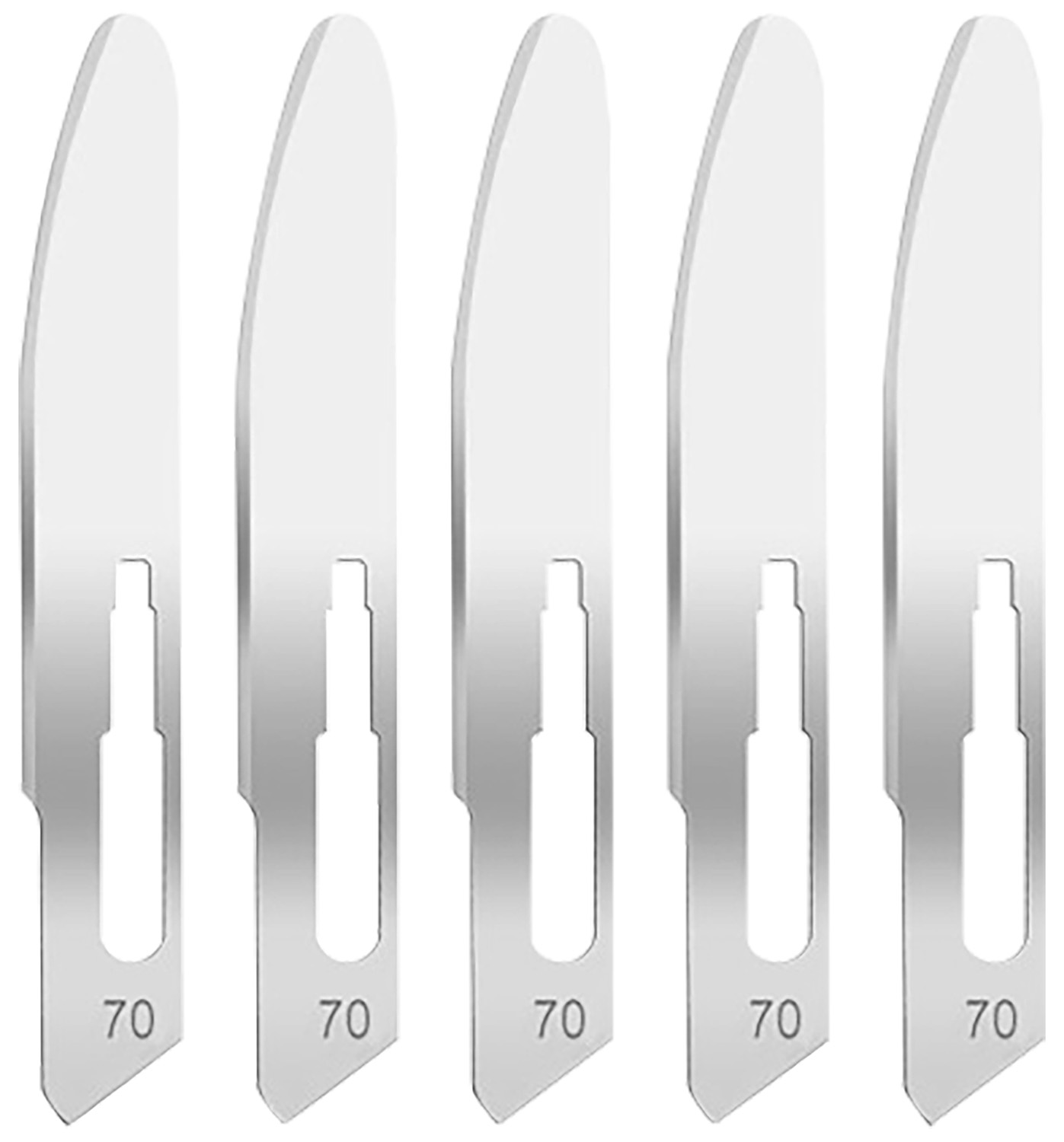 Five size 70 surgical scalpel blades