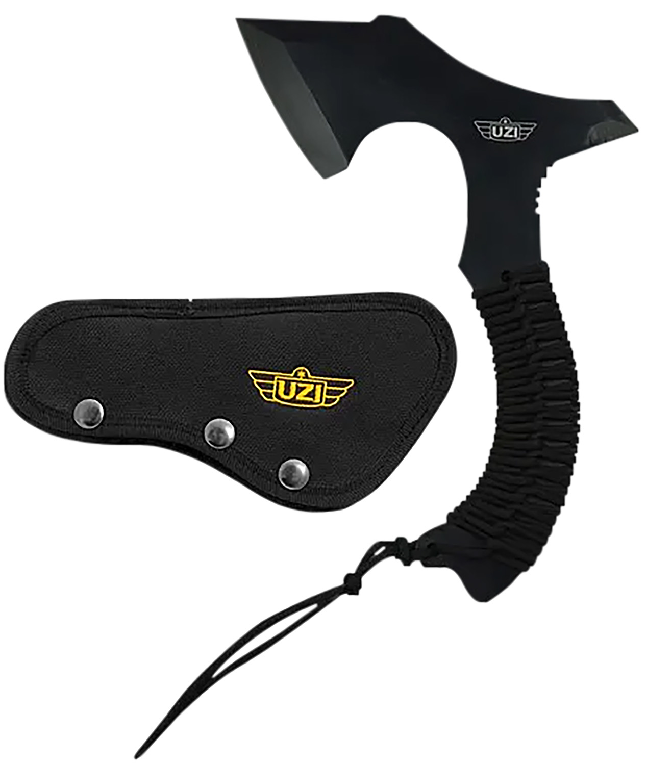 Black tactical hatchet with sheath and lanyard