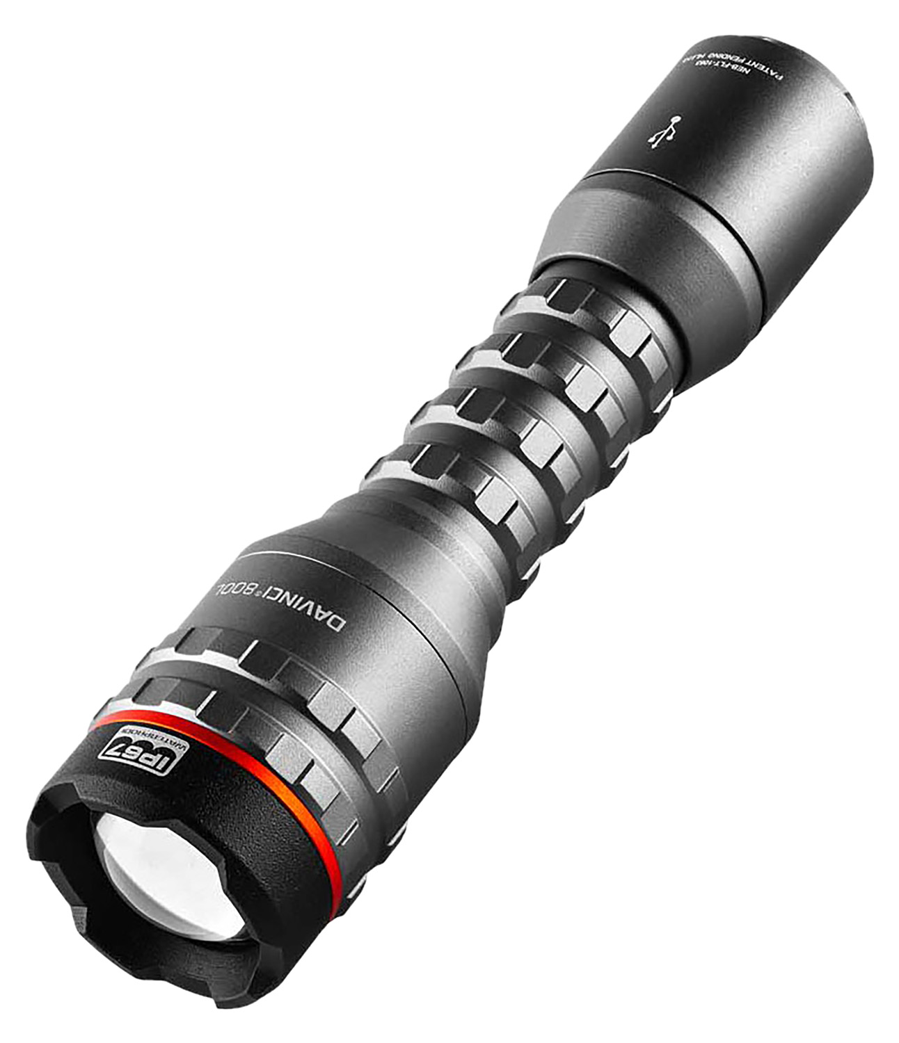Rugged black tactical LED flashlight with red accent