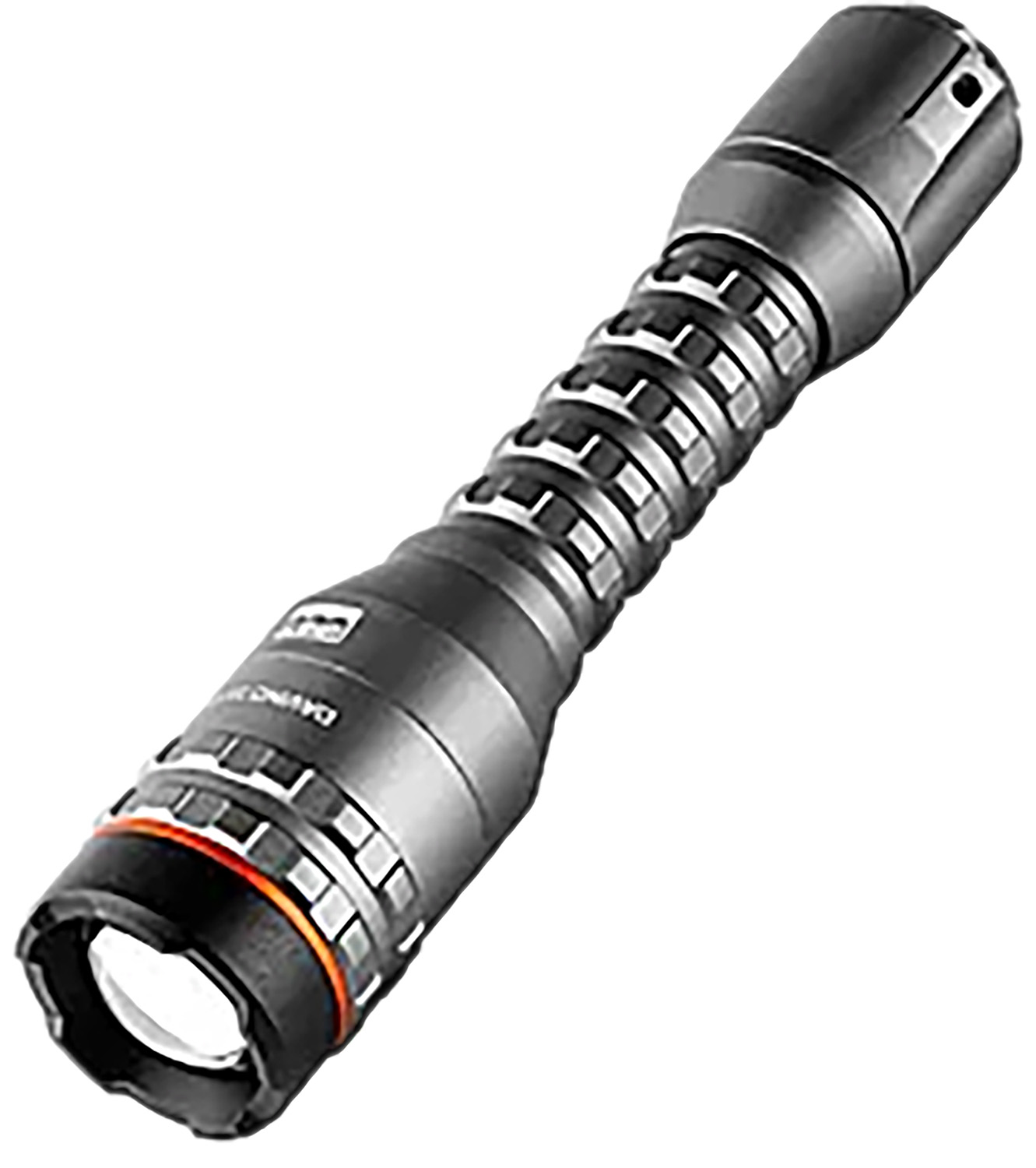 Heavy-duty metal flashlight on white background