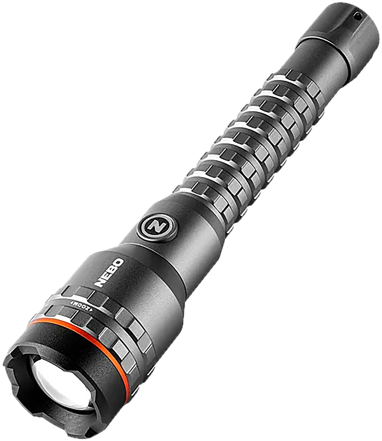 Black tactical LED flashlight with textured grip