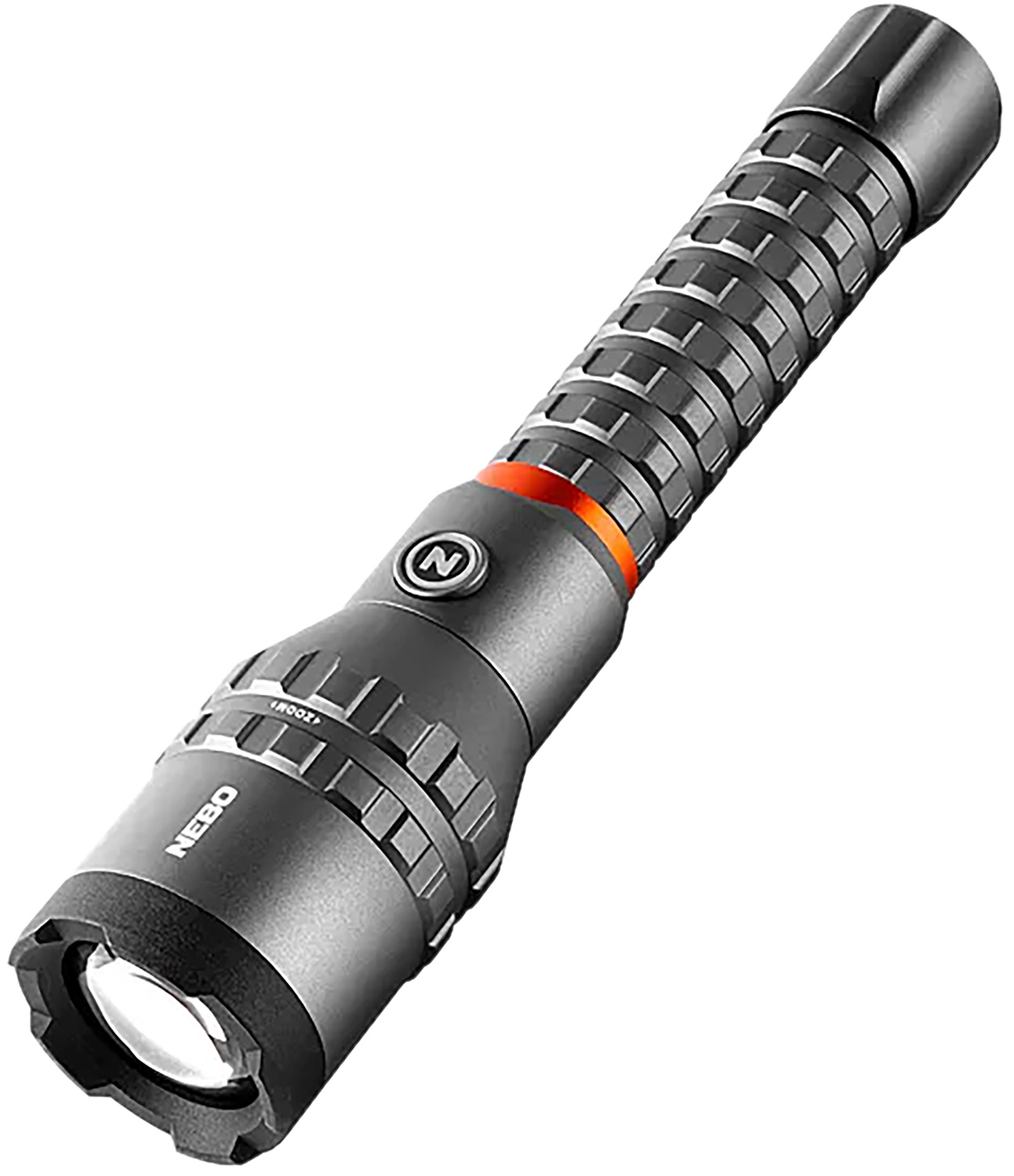 Black handheld LED flashlight with textured grip