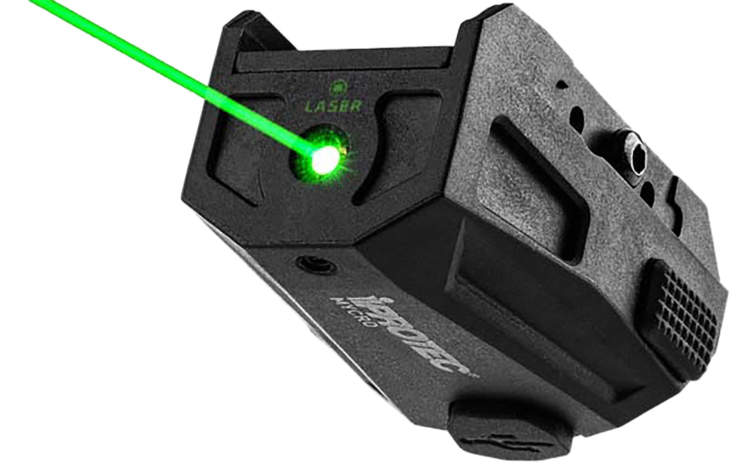 Black handgun laser sight emitting green beam