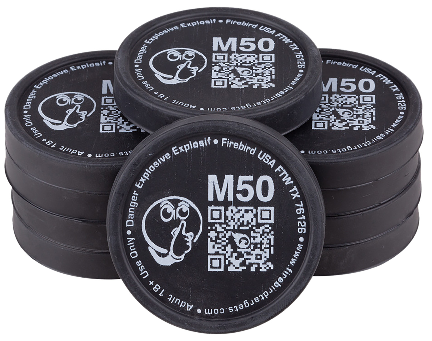 Stacked black M50 explosive containers with QR codes