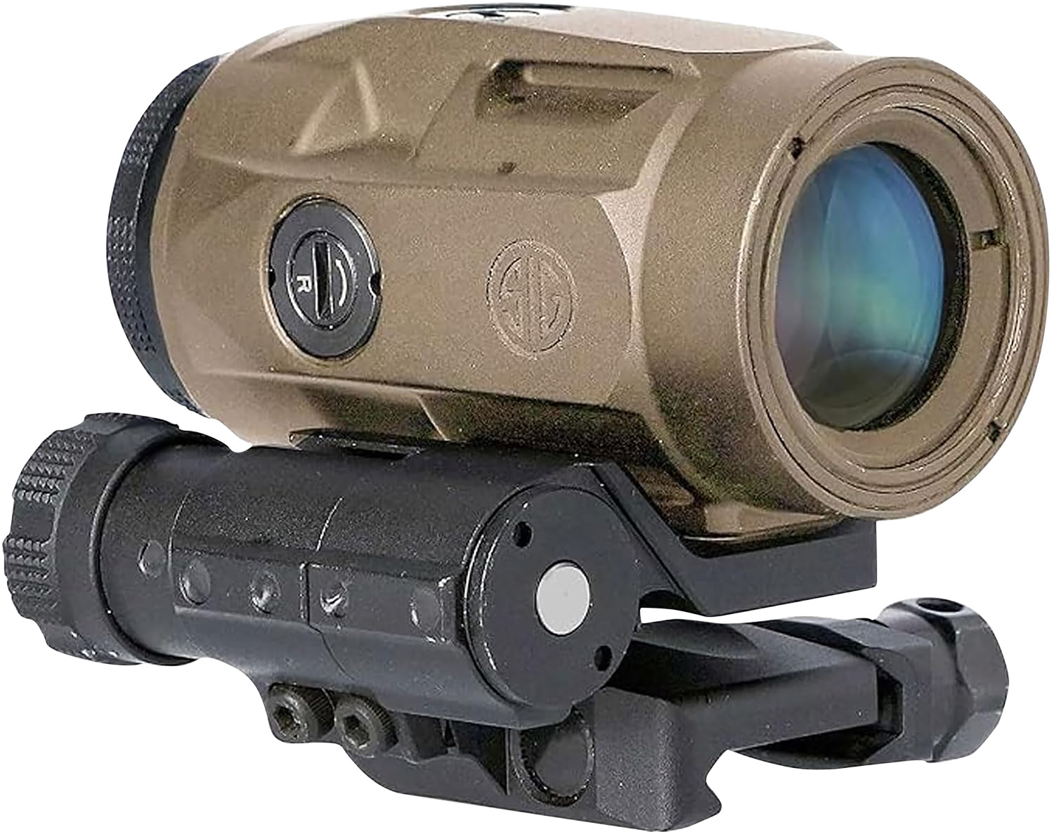 Compact rifle scope with mount on white background