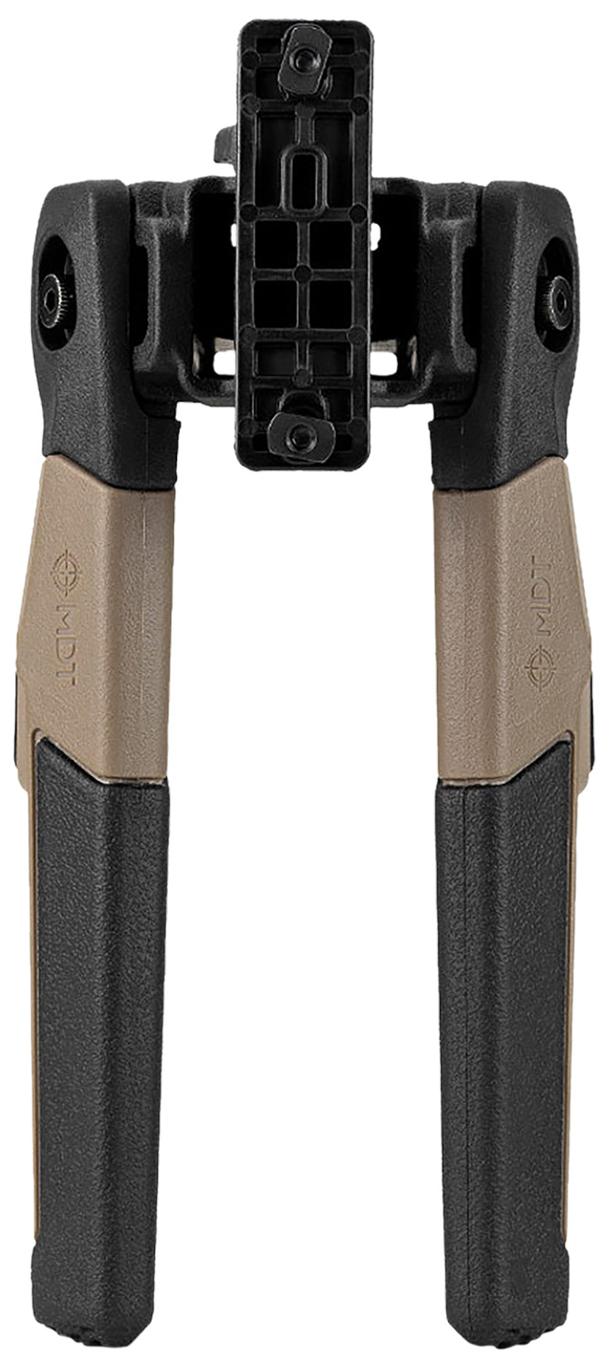 Black and tan rifle bipod front view