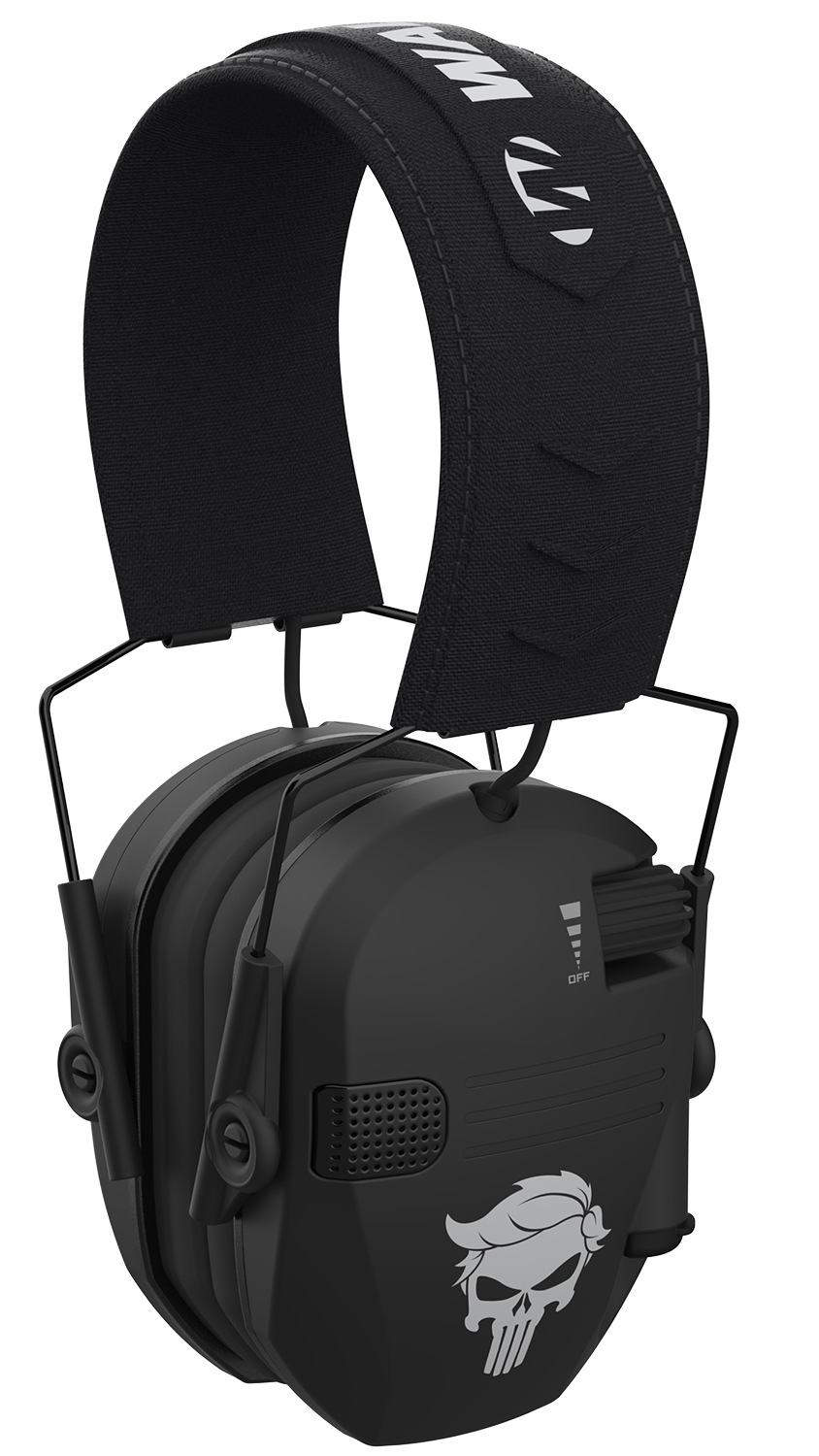 Black over-ear hearing protection earmuffs with skull graphic