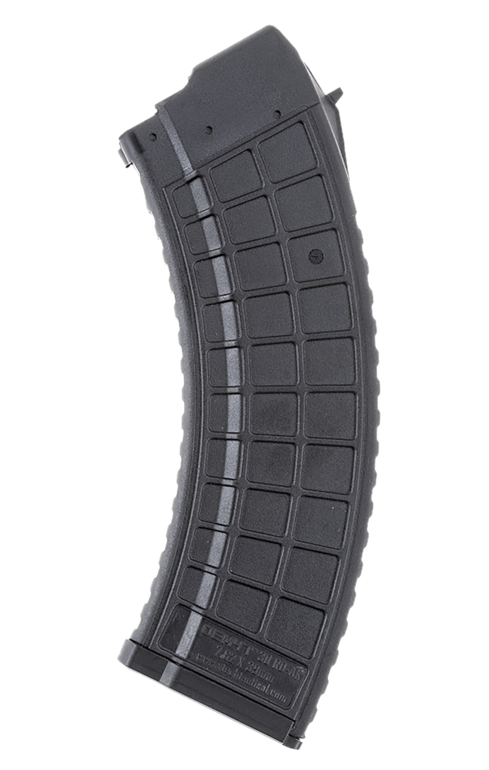 Black curved rifle magazine on white background