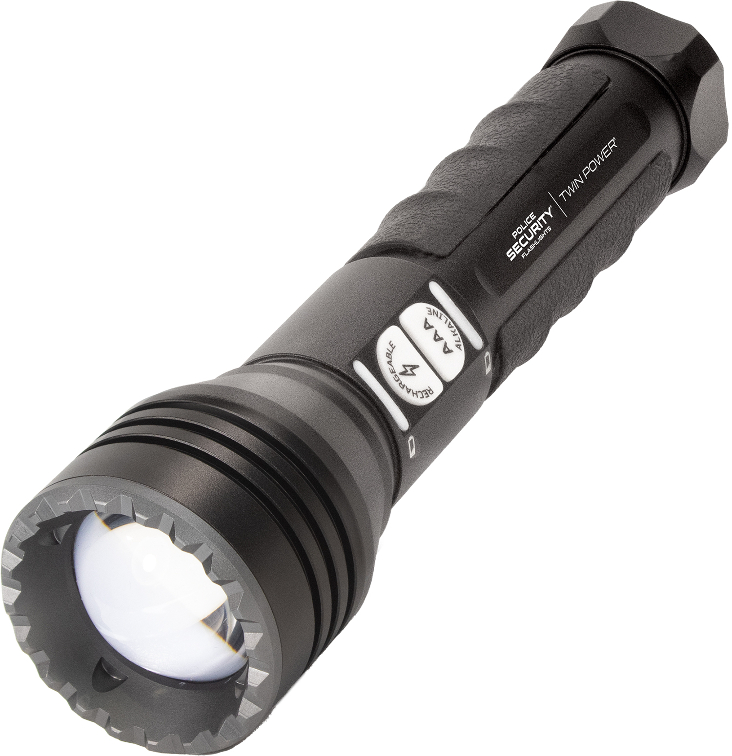 Black tactical LED flashlight on white background