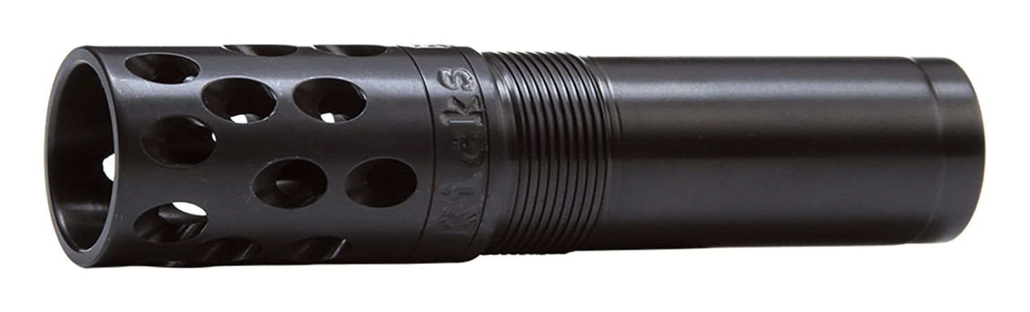 Black perforated muzzle brake with threaded barrel end