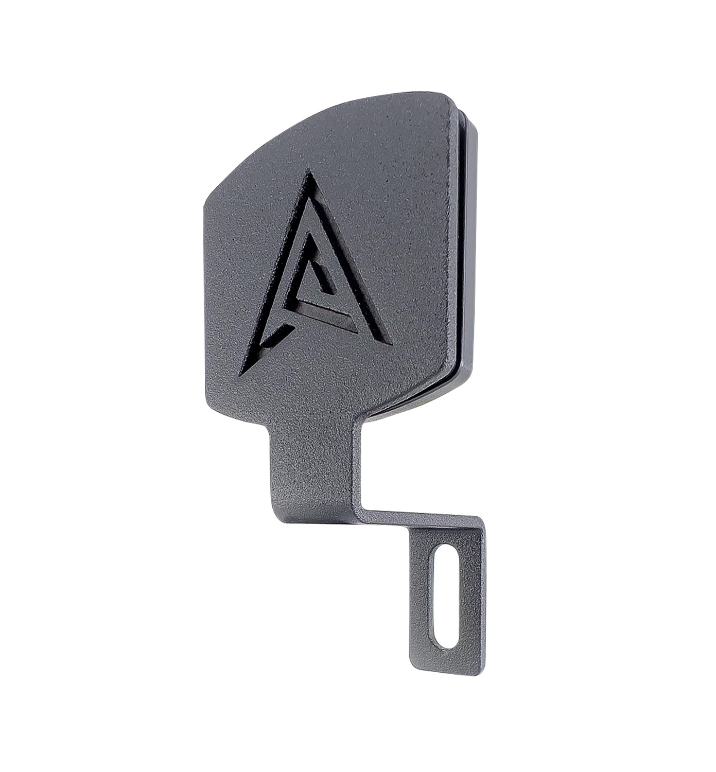 Gray metal clip with stylized A logo