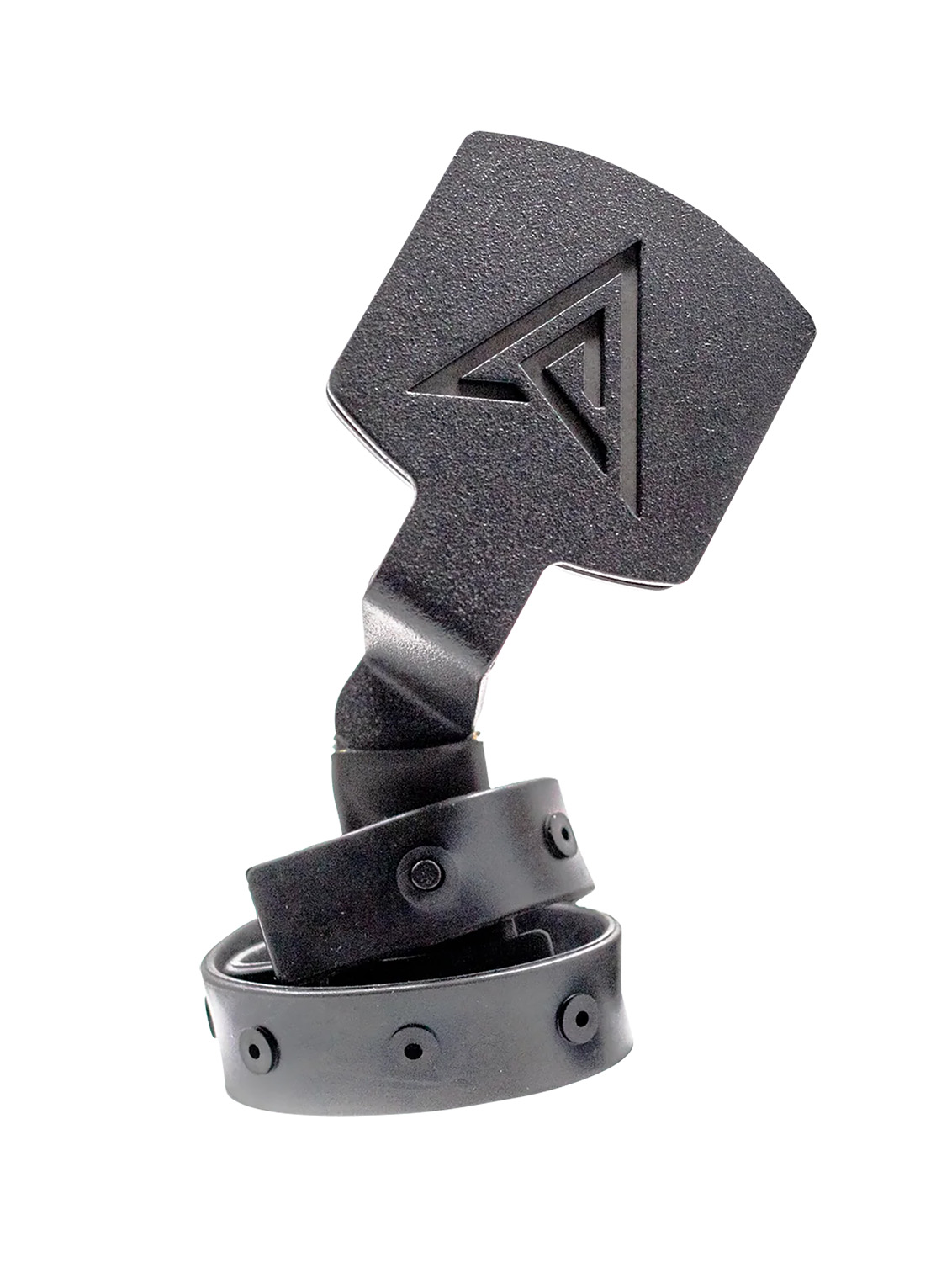 Black metal clamp mount with angled logo plate