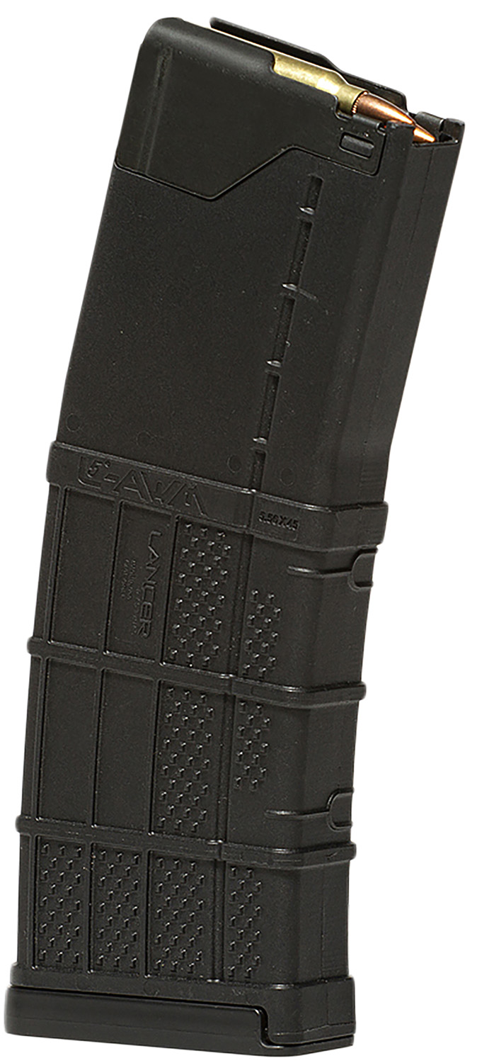 Black rifle magazine with visible ammunition rounds