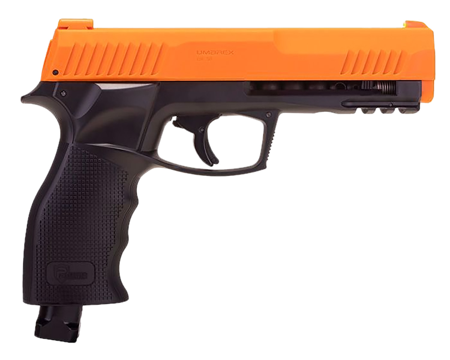 Orange and black semi-automatic pistol on white background