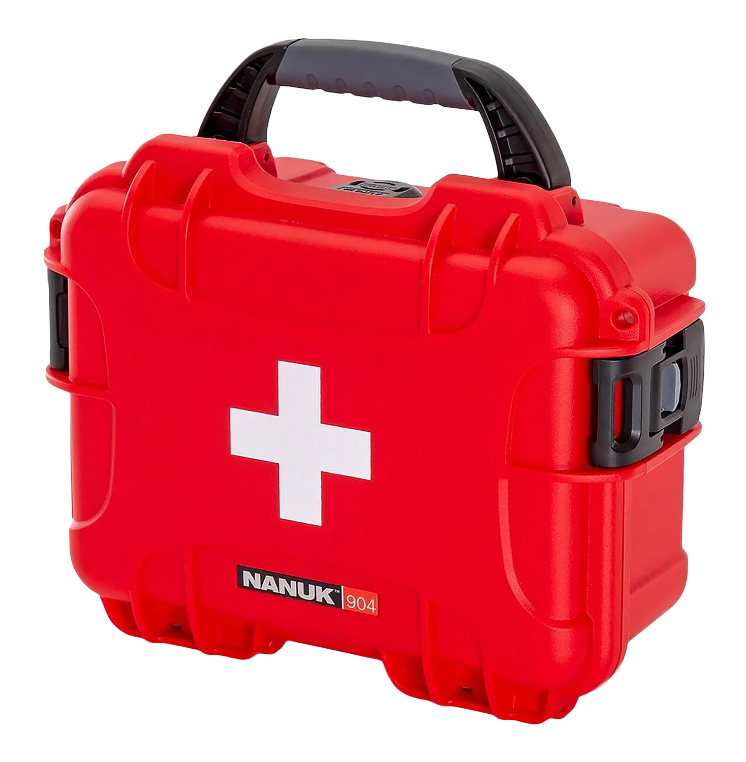 Red hard-shell first aid case with handle