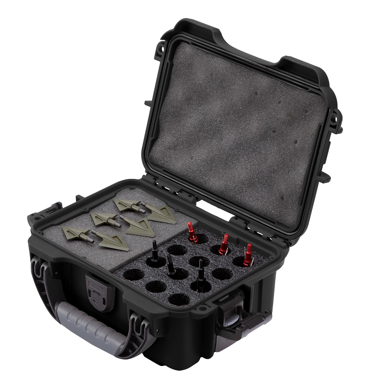 Open hard case with broadheads and bolts