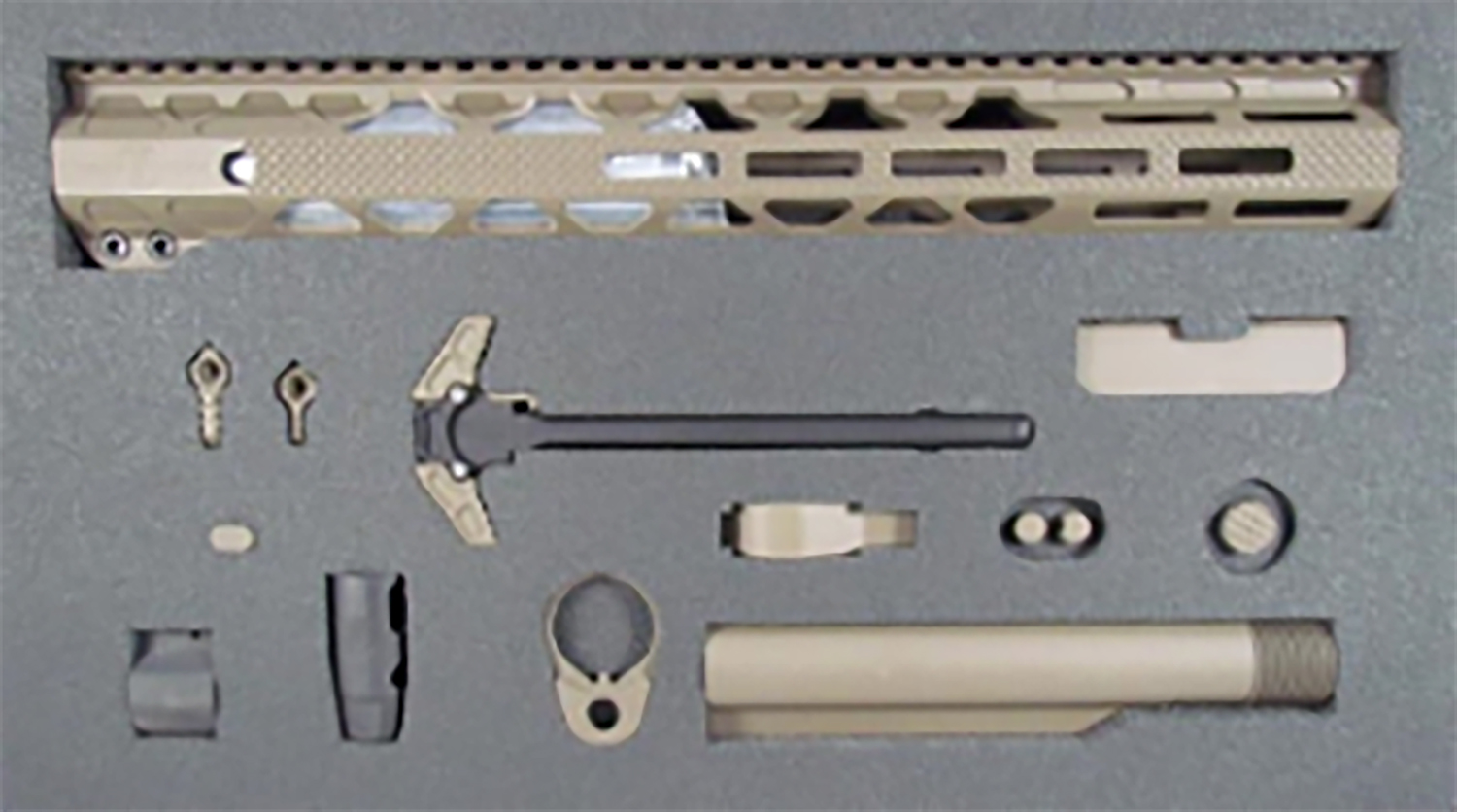 Disassembled rifle components arranged on foam surface