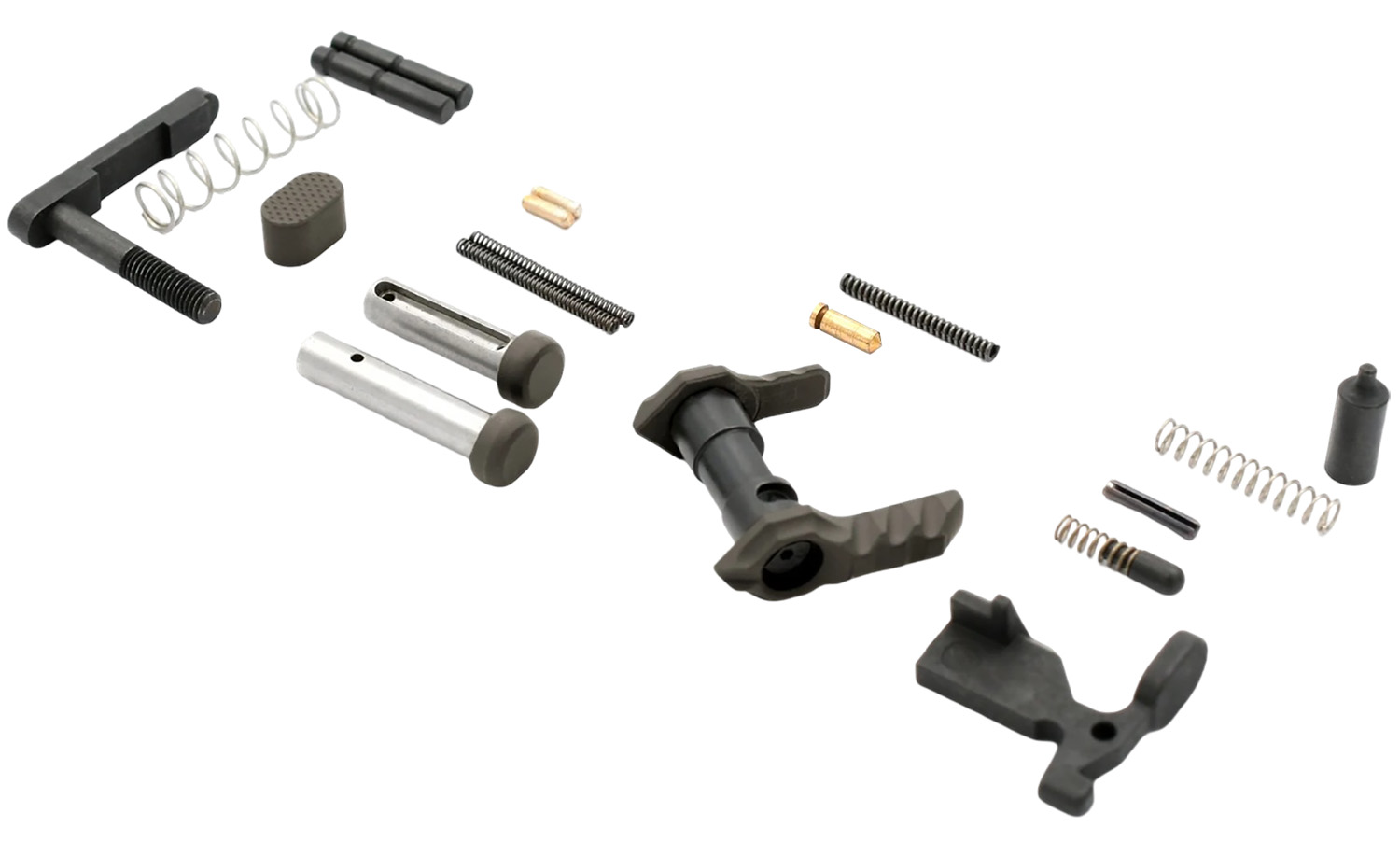 Disassembled firearm components and springs on white background