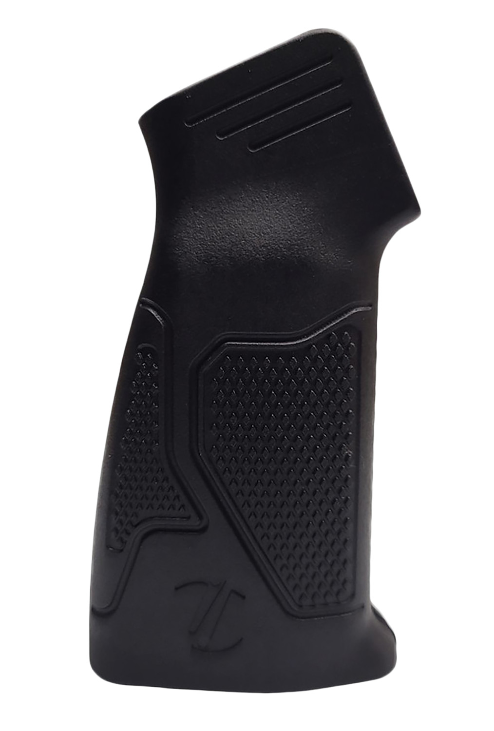 Black textured pistol grip handle on white background