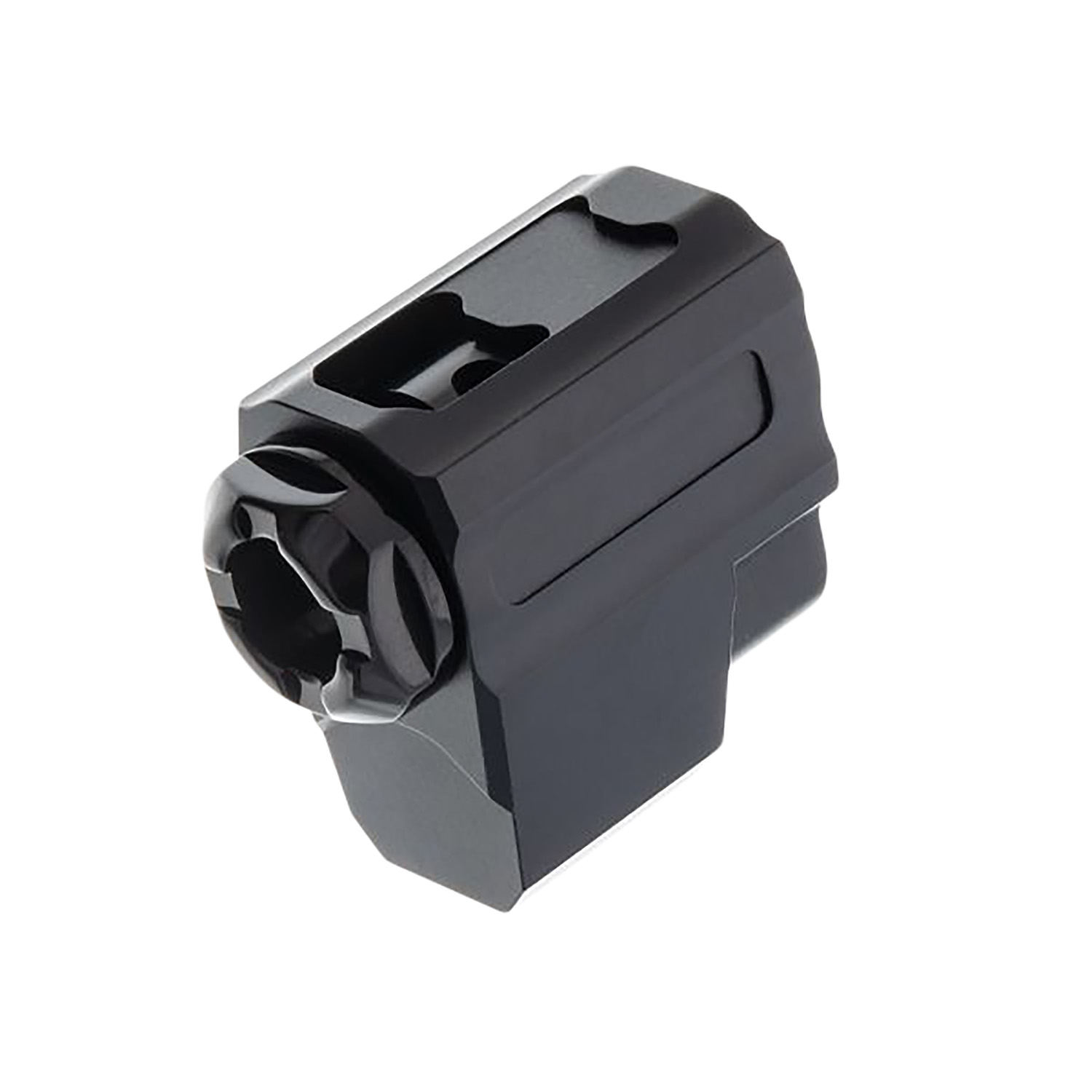 Black metal firearm muzzle brake attachment