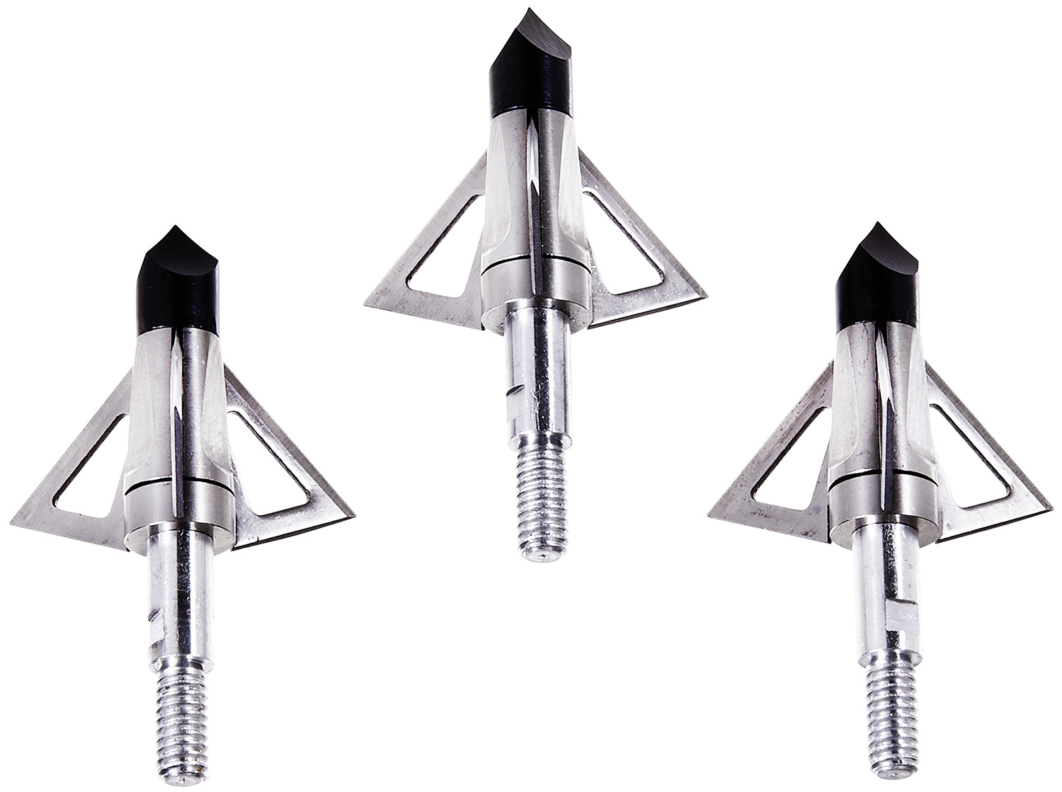 Three metal broadhead arrow tips on white background