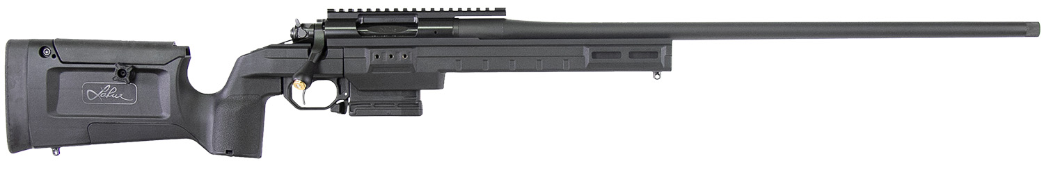 Black bolt-action rifle with long barrel